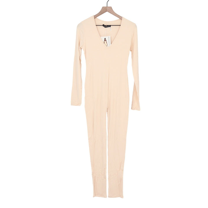 Naked Wardrobe Long Sleeve V-Neck Jumpsuit Peach Beige Size L NEW