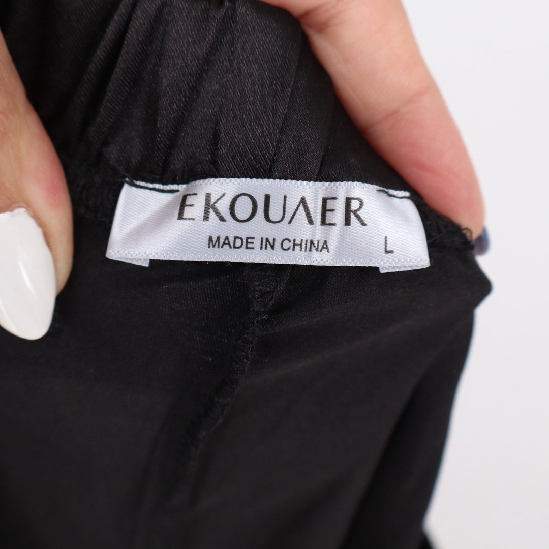 Ekouaer Womens Satin Pajama Pants Black Wide Leg Elastic Waist Pockets Size L