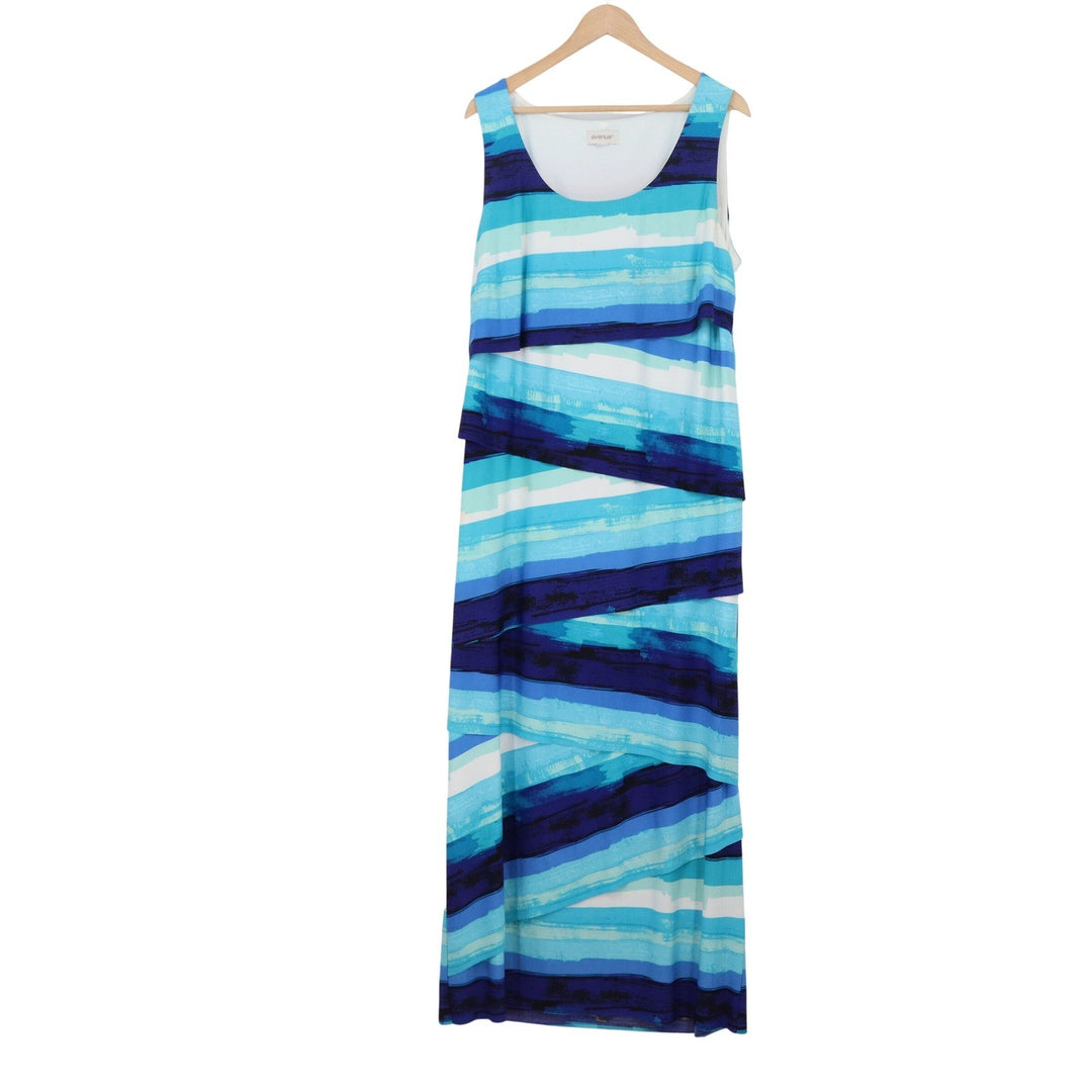 Avenue Blue Striped Tiered Maxi Dress XL Sleeveless Scoop Neck Summer Lined