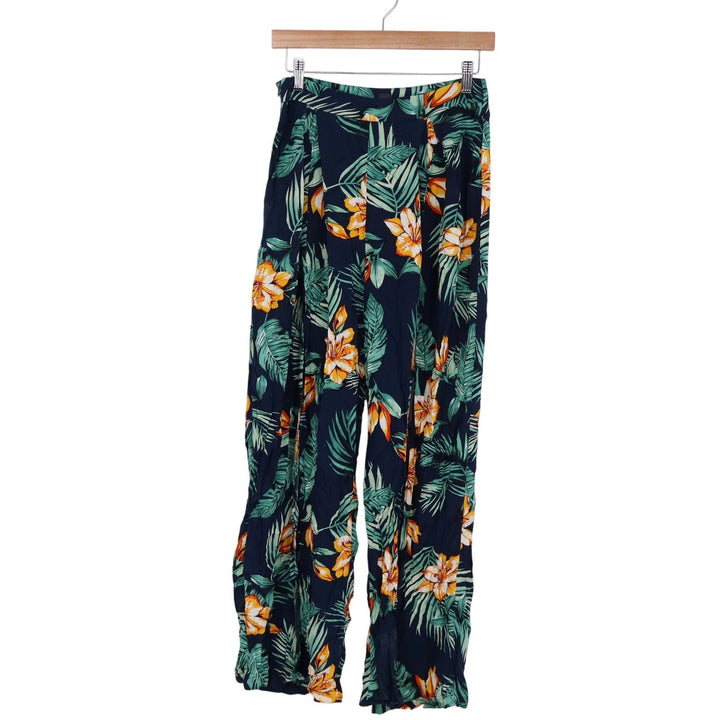 SHEIN Tropical Floral Wide Leg Pants Navy Blue Palm Leaf Summer Viscose Size M