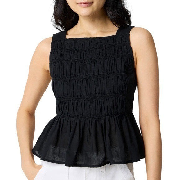 J.Crew Crop Top Womens 0 Black Cotton Smocked Back Zip Ruffle Hem Wide Strap