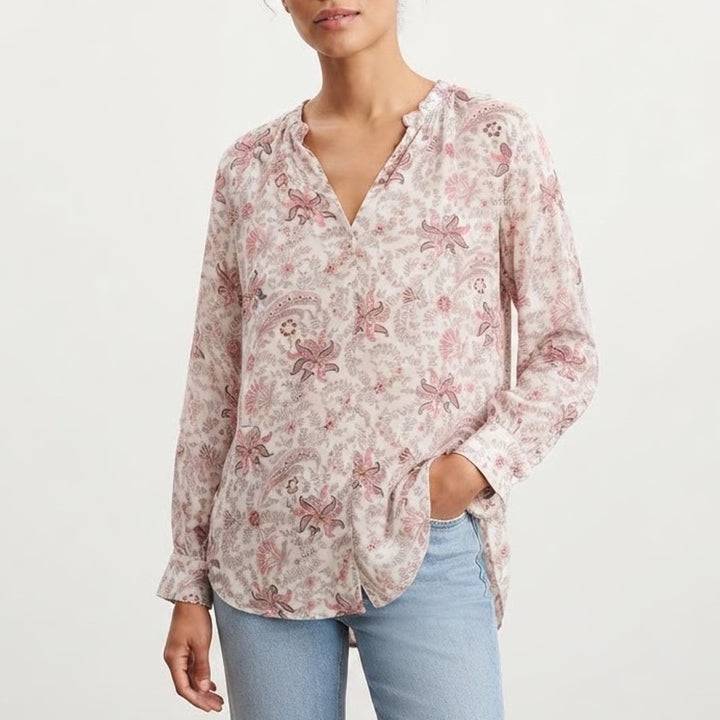 LOFT Womens Pink Paisley Floral V-Neck Ruffle Cuff Blouse Top Medium