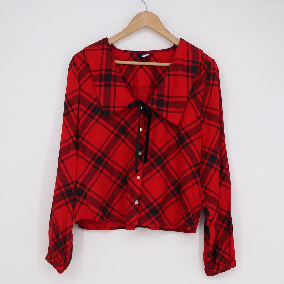 Old Navy Womens Red Plaid Peter Pan Collar Button Front Blouse Medium