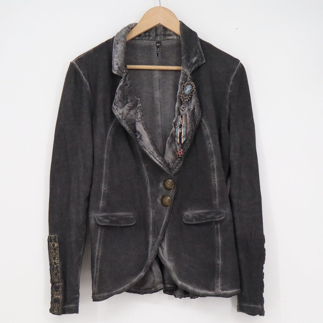 25 South Womens Faded Black Velvet Military Cameo Blazer Jacket XS