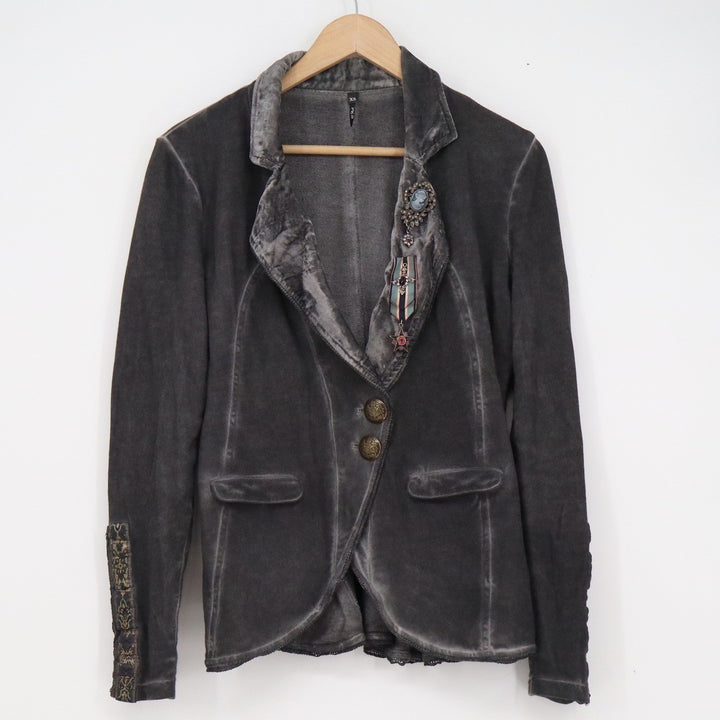 25 South Womens Faded Black Velvet Military Cameo Blazer Jacket XS