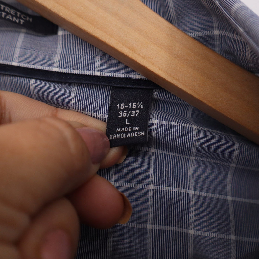 Tommy Hilfiger Mens Blue Check Stretch Wrinkle Resistant Shirt L 16-16.5 36/37