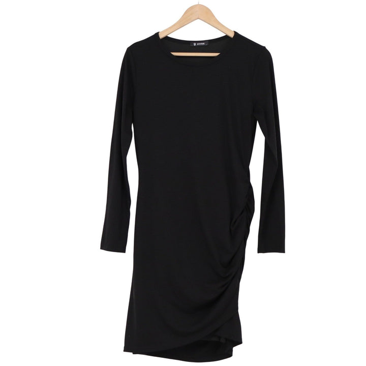 BTFBM Womens Black Long Sleeve Ruched Side Asymmetrical Mini Dress Size L