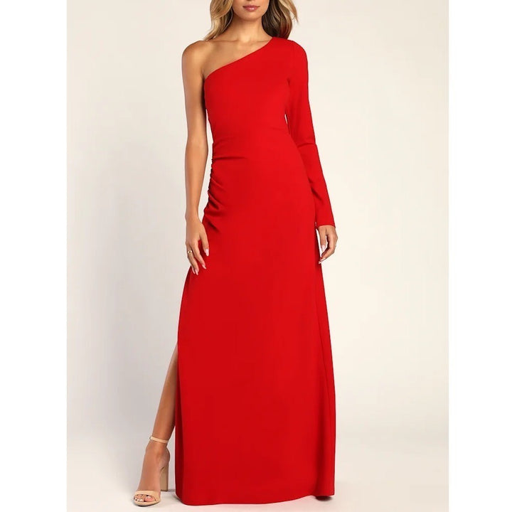 Lulus One to Cherish One Shoulder Maxi Dress Women Medium Red Side Slit Back Zip