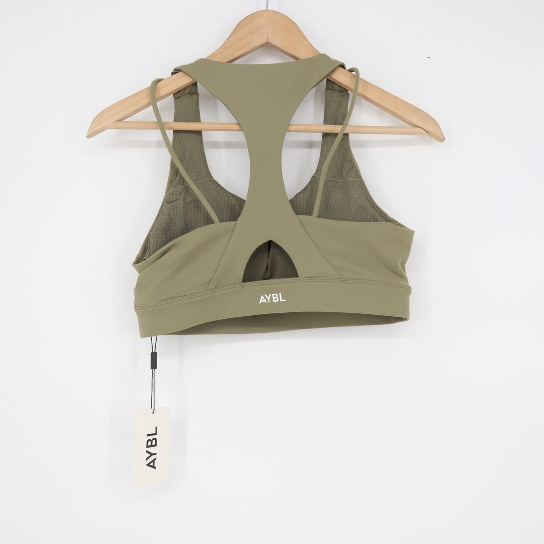 AYBL Core Sports Bra Olive Green Racerback Mesh Lined Size L