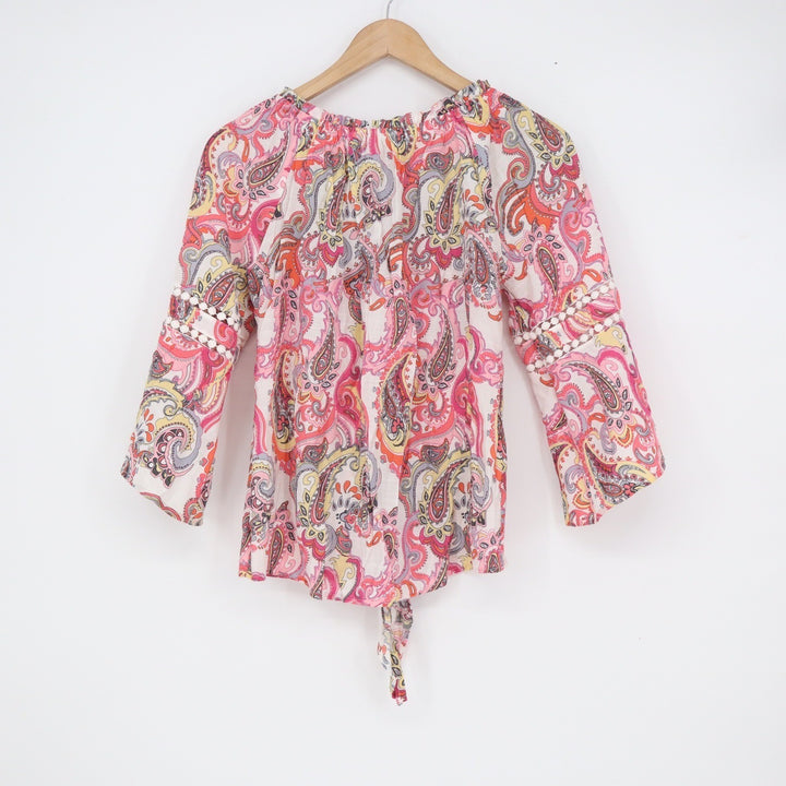 Notations Pink Paisley Off Shoulder Bell Sleeve Boho Tie Front Blouse Small