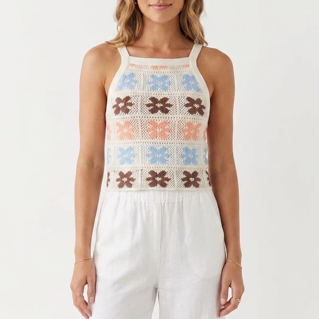 Hippie Rose Tank Top Womens XS Crochet Floral Multi Color Boho Cropped Excellent
