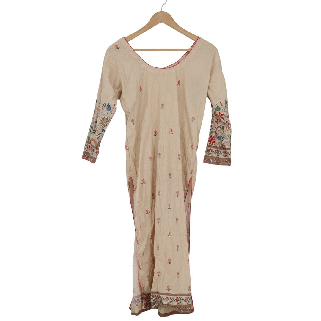 Unbranded Beige Floral Embroidered Kurti Tunic V-Neck Long Sleeve Side Slits