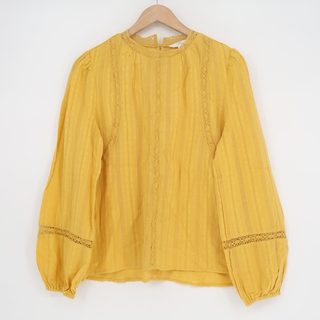 Time and Tru Lace Inset Tunic Top Womens Small(4-6) Yellow Cotton Long Sleeve