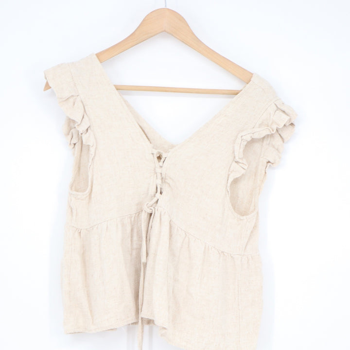 New In Oatmeal Linen Blend Ruffle Sleeve Lace Up Back Peplum Top Large