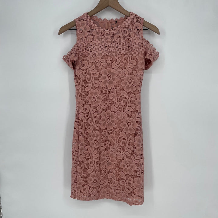 Pink Lace Cold Shoulder Mock Neck Mini Dress Size S