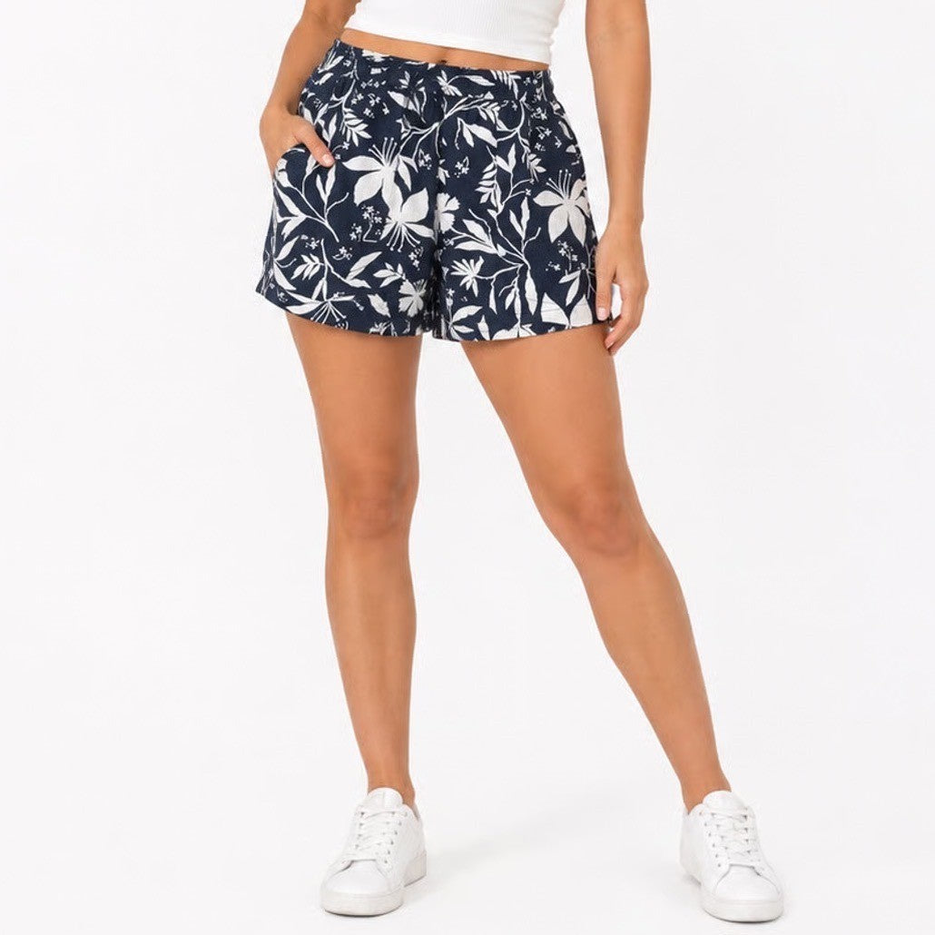 Loft Outlet Navy Blue White Floral Cotton Pull On Shorts Womens Large JKC 203