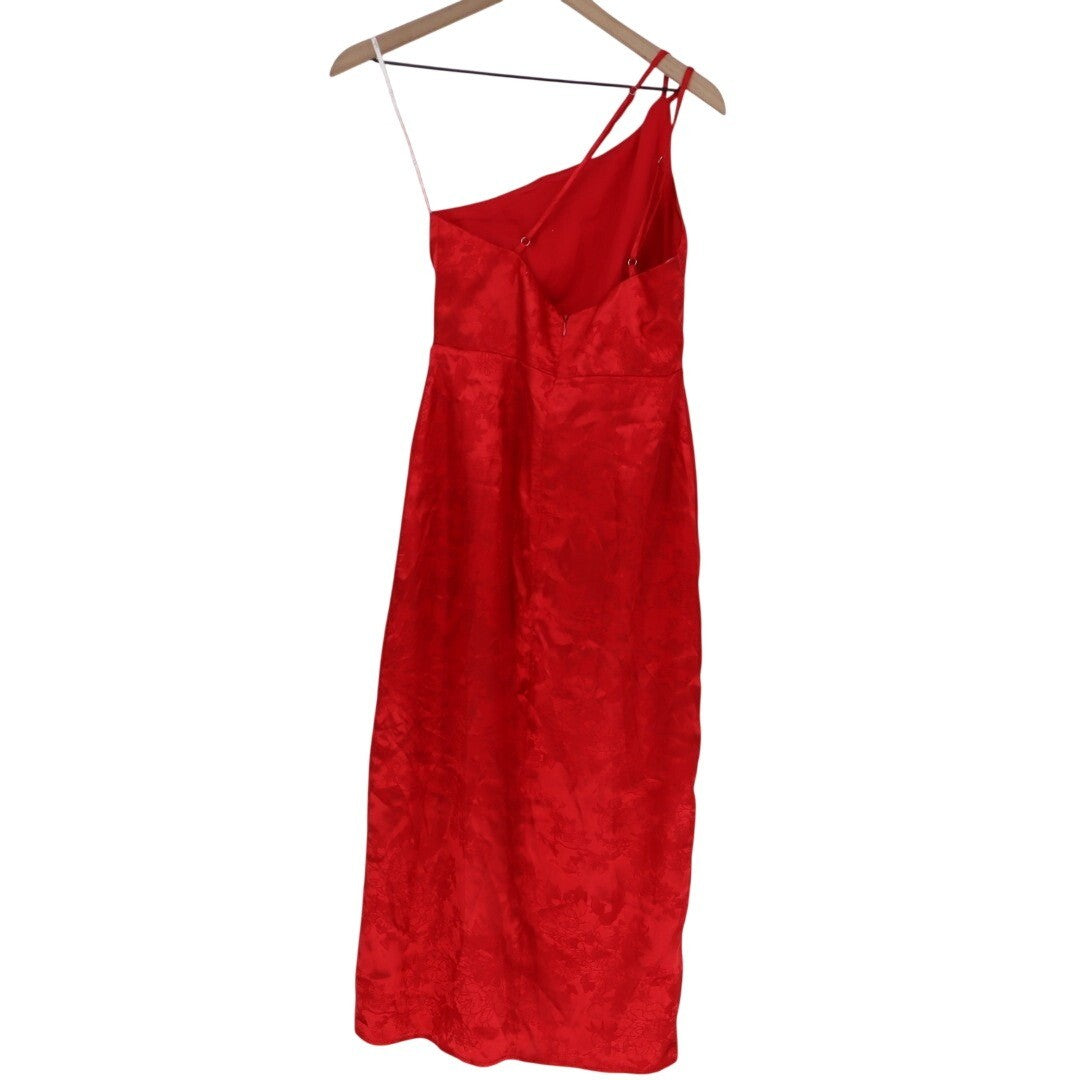 Lulus Desirable Dream Midi Dress Womens XS Red Jacquard Front Slit Back Zip