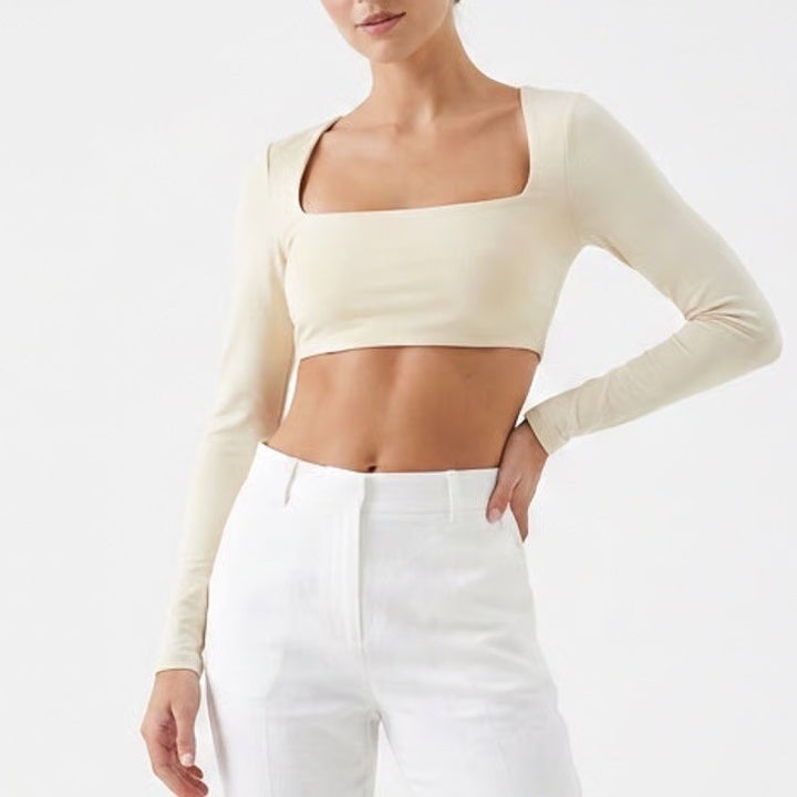 SHEIN Womens Beige Long Sleeve Square Neck Crop Top Size M