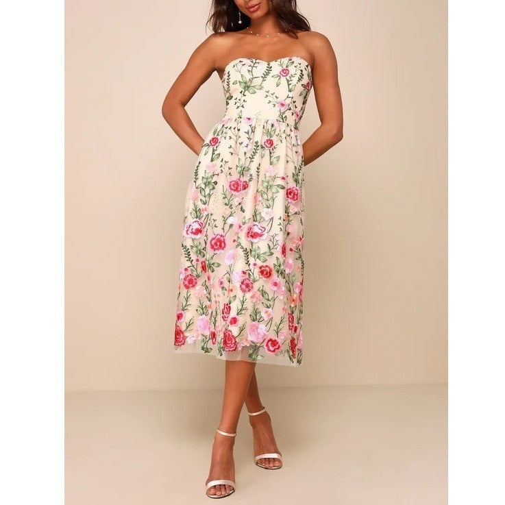 Lulus Endless Praise Midi Dress Womens Small Beige Floral Embroidered Strapless