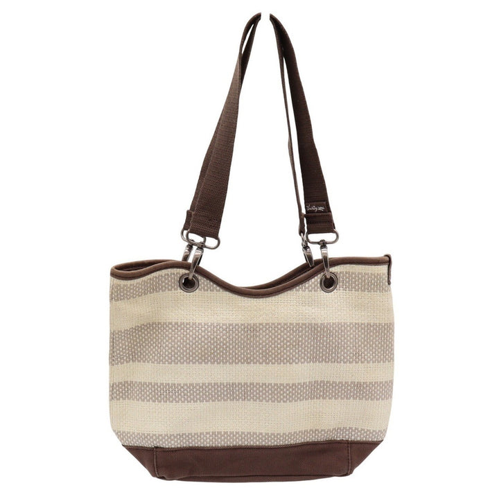Thirty-One Woven Striped Shoulder Bag Brown Cream Canvas Tote