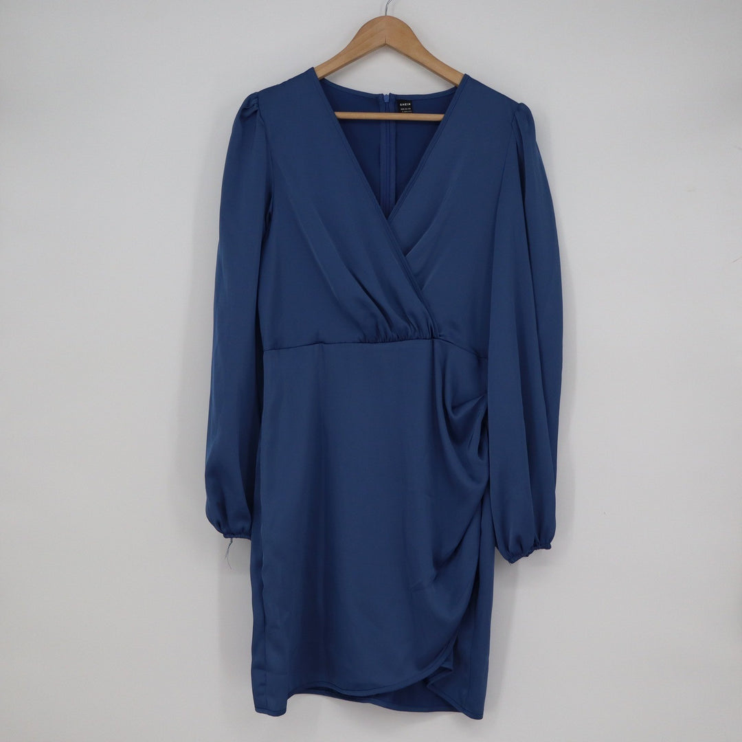SHEIN Blue Long Sleeve Surplice V-Neck Wrap Mini Dress Size L