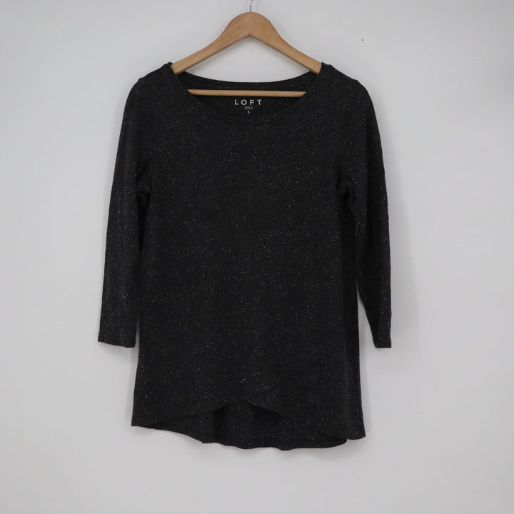 LOFT Charcoal Gray Flecked 3/4 Sleeve Tulip Hem Knit Top Size S