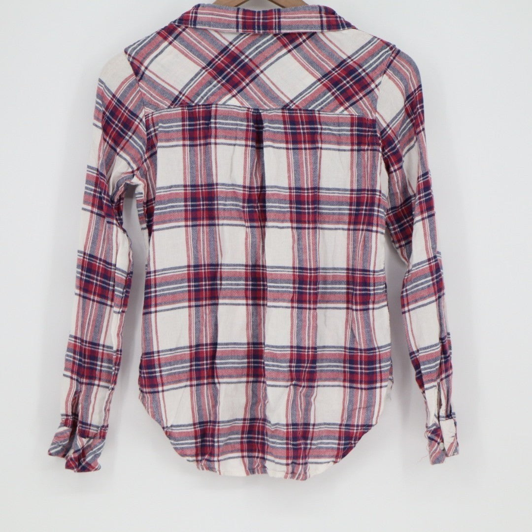 Thread & Supply Flannel Shirt Women Medium Red Blue Plaid Front Pocket Button Up