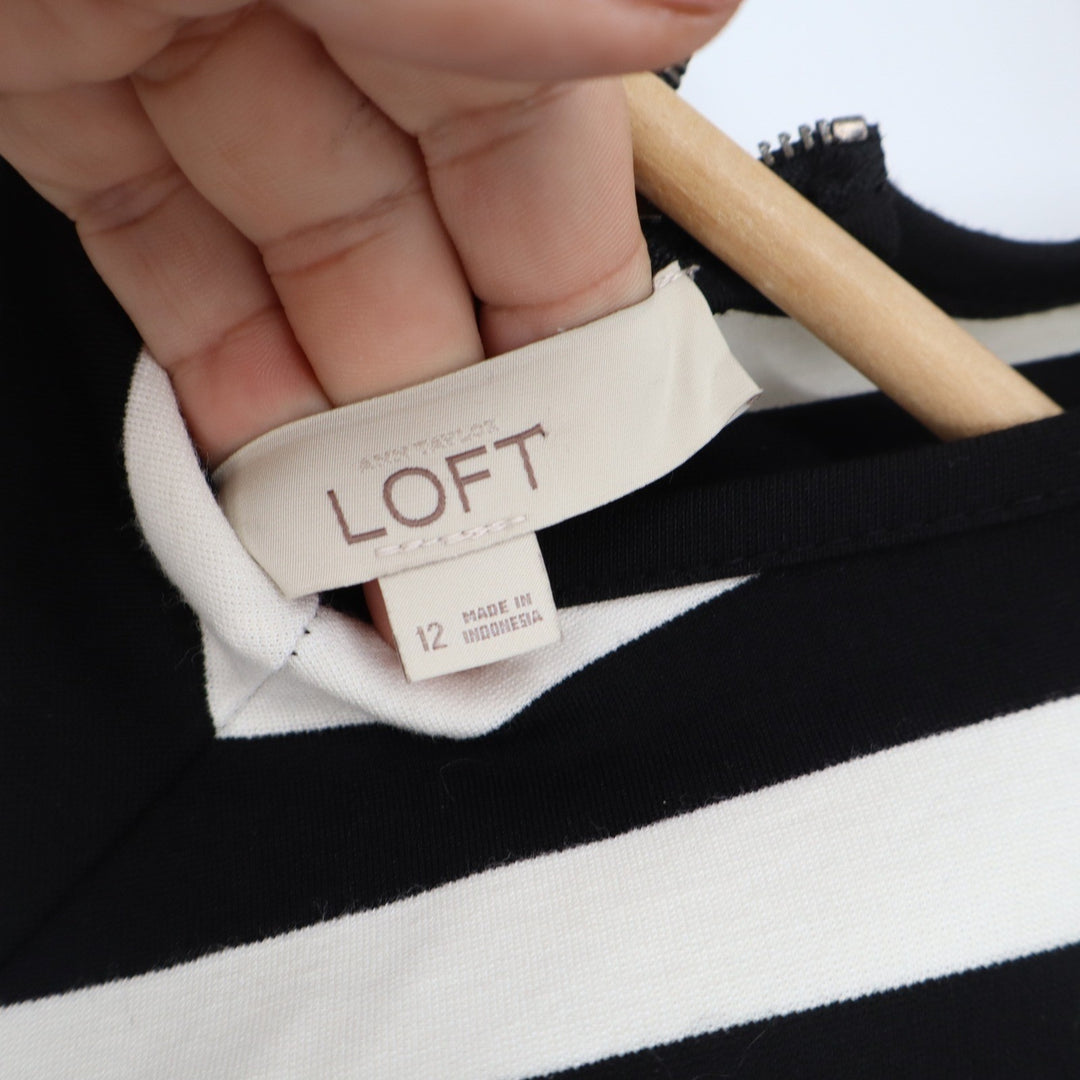 LOFT Black White Striped Chevron Sleeveless Sheath Dress Size 12 Zip Back