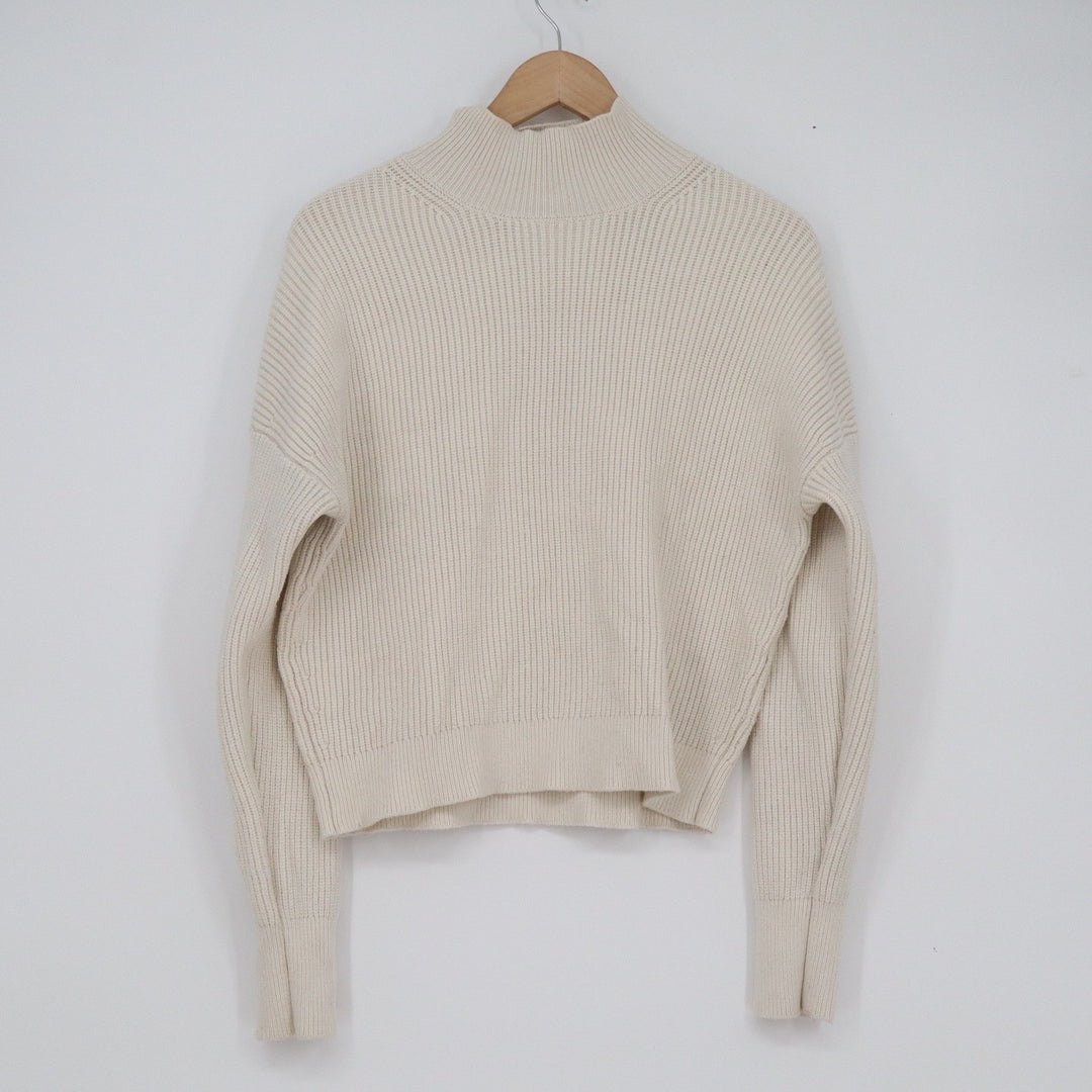 Cream Mock Neck Ribbed Knit Sweater Dropped Shoulder Long Sleeve Off-White Crop