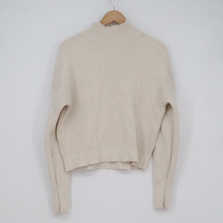 Cream Mock Neck Ribbed Knit Sweater Dropped Shoulder Long Sleeve Off-White Crop