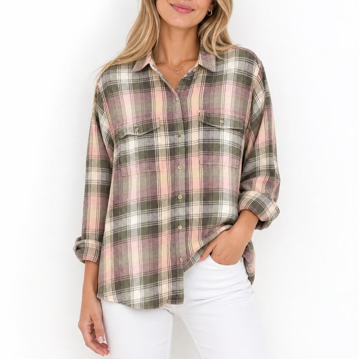 Old Navy The Boyfriend Shirt Pink Olive Green Plaid Flannel Button Down Medium