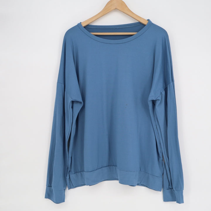 Womens Shirt Blue Cotton Round Neck Long Sleeve Side Slit Casual Pullover Tee