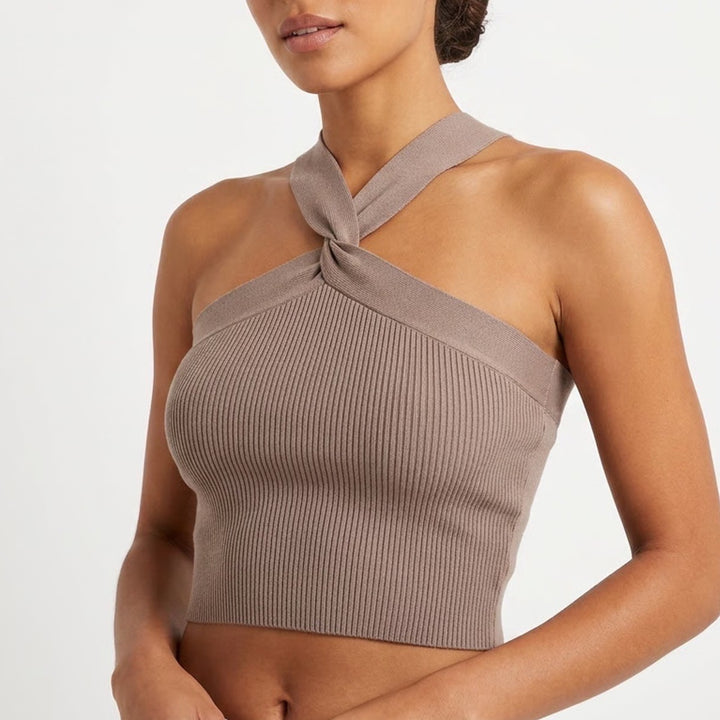 SHEIN Basics Taupe Brown Ribbed Twisted Front Halter Crop Top M