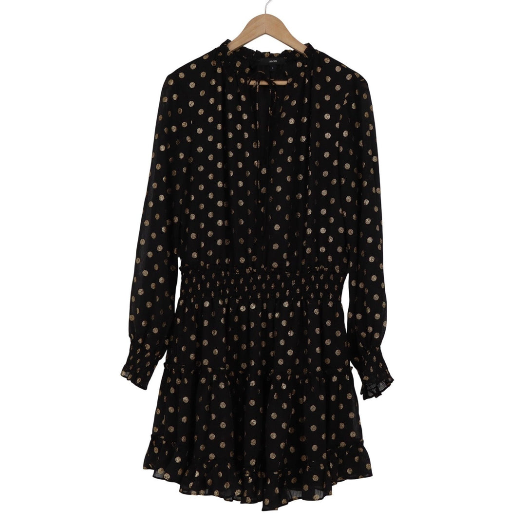 Aeom Black Gold Metallic Polka Dot Smocked Tiered Mini Dress Large