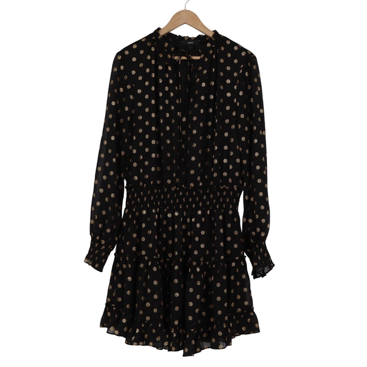 Aeom Black Gold Metallic Polka Dot Smocked Tiered Mini Dress Large