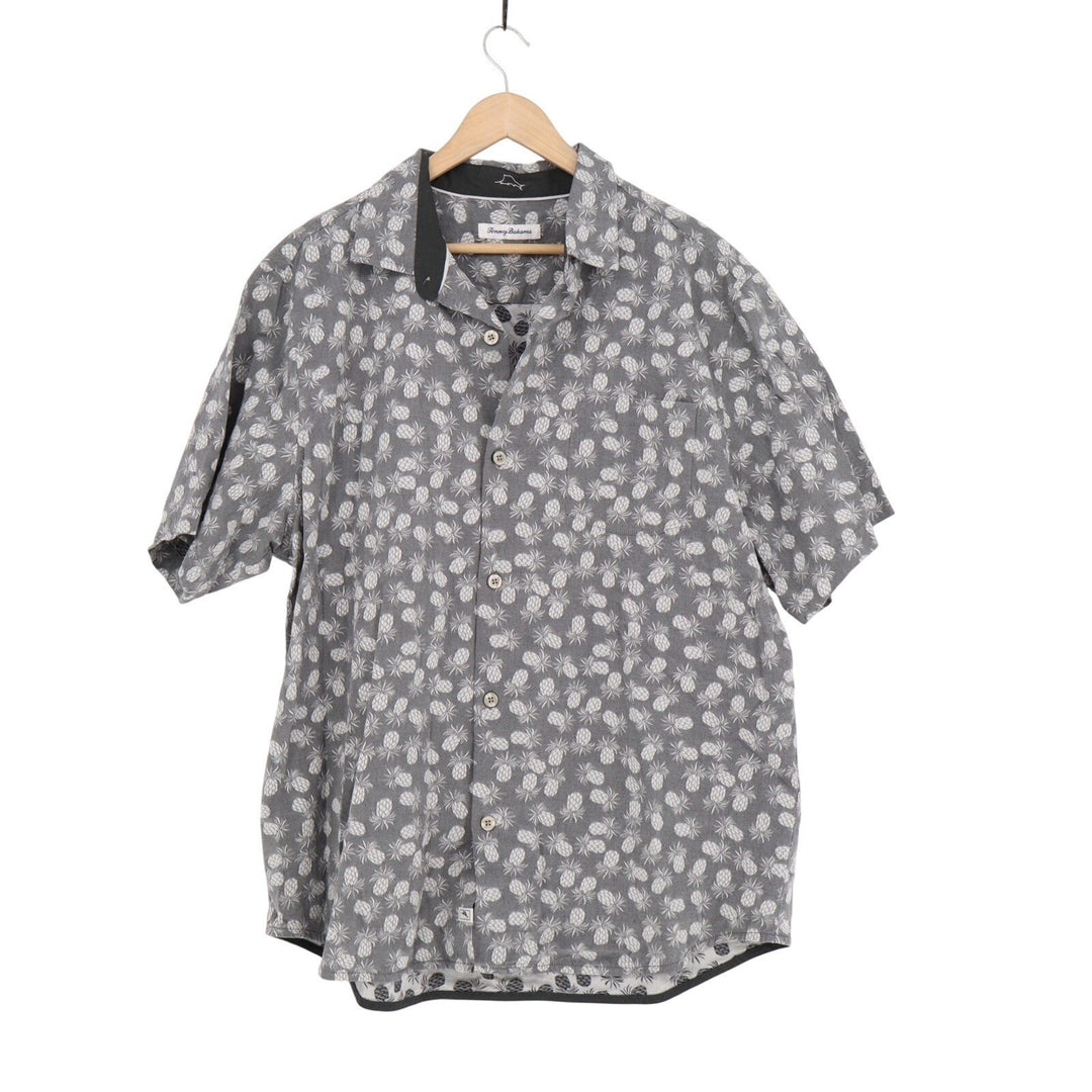 Tommy Bahama Hawaiian Shirt Mens XL Gray Pineapples Print Cotton Short Sleeve
