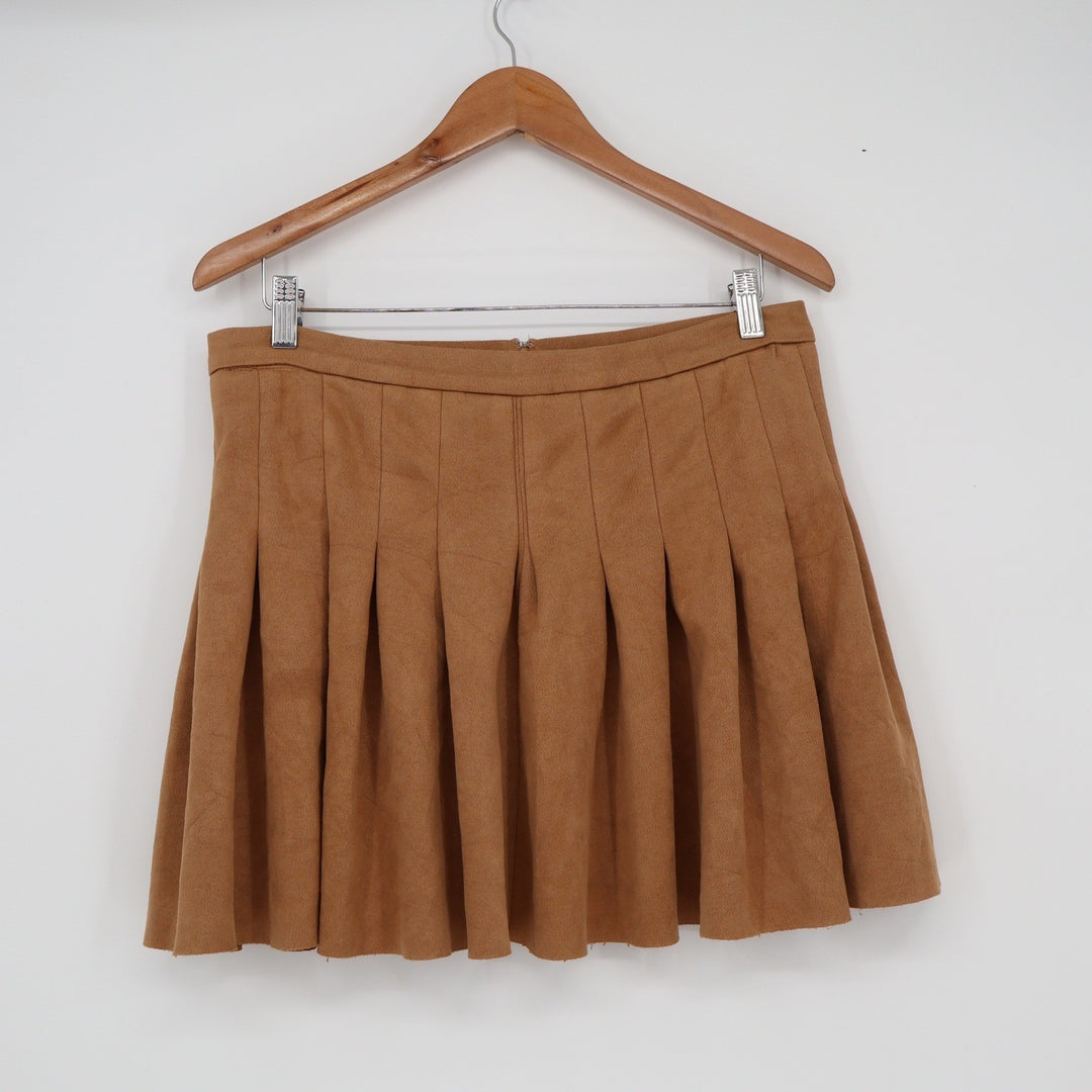 Love Tree Camel Brown Pleated Mini Skirt High Waisted Faux Suede Large