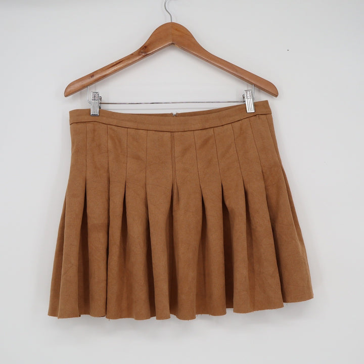 Love Tree Camel Brown Pleated Mini Skirt High Waisted Faux Suede Large
