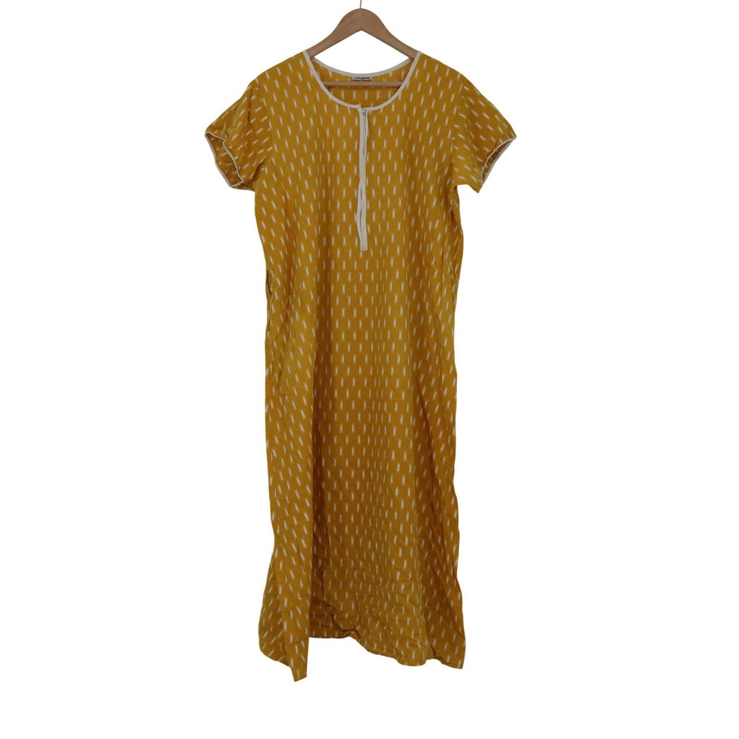 Shafali Mustard Yellow Ikat Print Maxi Dress XL Short Sleeve Zipper Front Kaftan