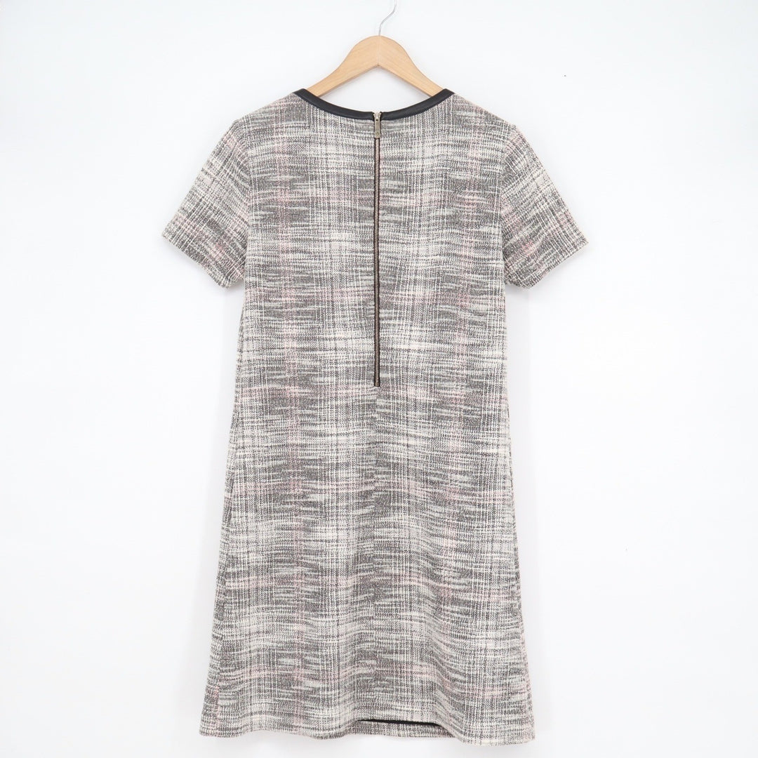 Tommy Hilfiger Grey Pink Tweed Shift Dress Faux Leather Trim Size 10