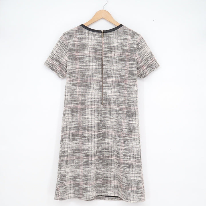 Tommy Hilfiger Grey Pink Tweed Shift Dress Faux Leather Trim Size 10
