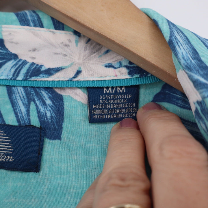 Havana Jim Mens Turquoise Blue Tropical Floral Palm Hawaiian Shirt Medium