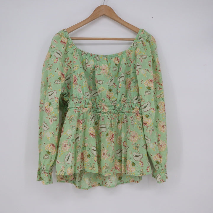 Torrid Mint Green Floral Clip Dot Smocked Peplum Blouse Square Neck Size 1 Plus