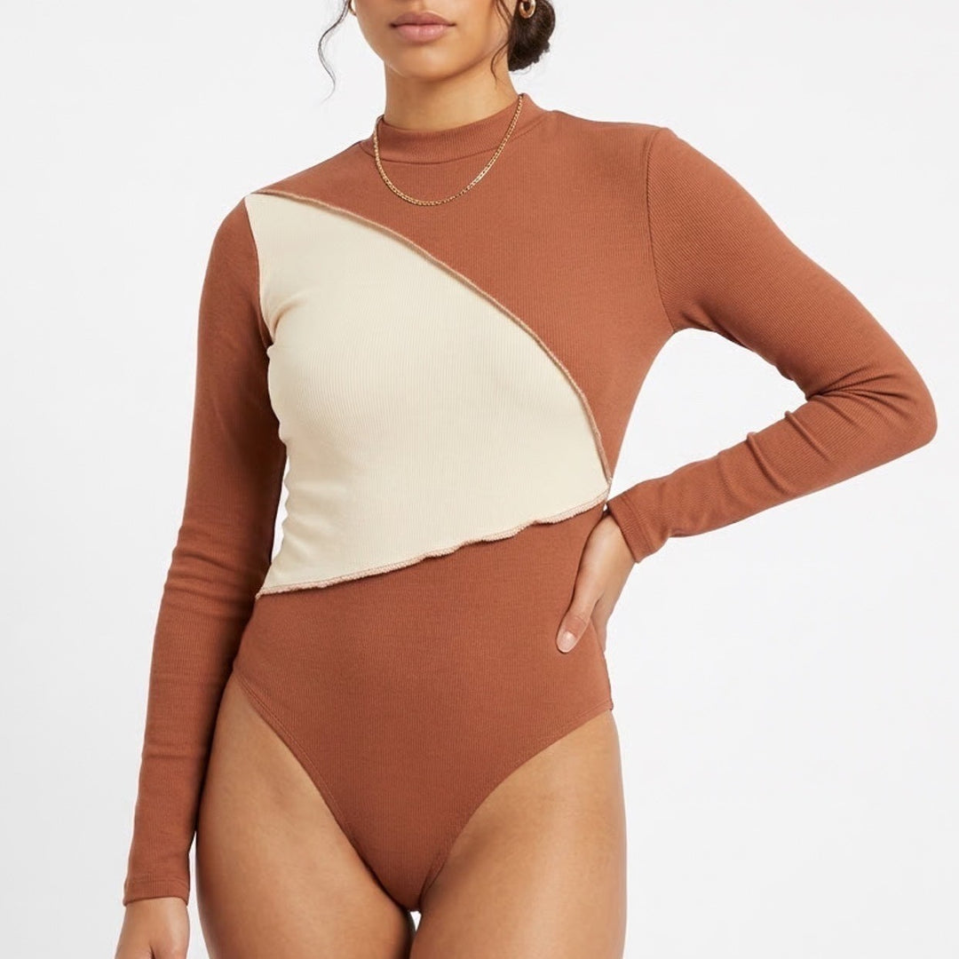 Naked Wardrobe Womens Ribbed Color block Mock Neck Bodysuit Coco Oatmeal L