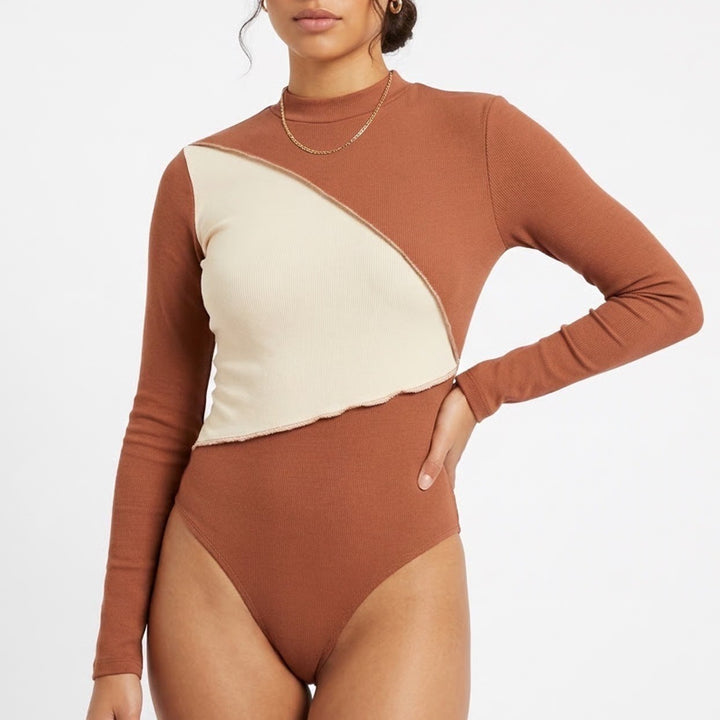 Naked Wardrobe Womens Ribbed Color block Mock Neck Bodysuit Coco Oatmeal L