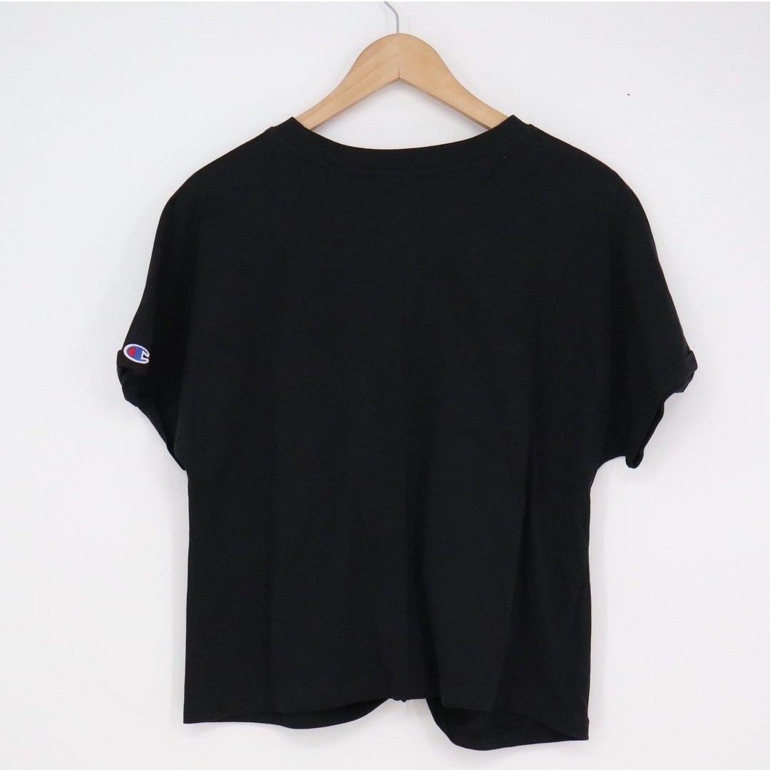 Champion Womens Front Knot T-Shirt Black Triple Logo Graphic Medium