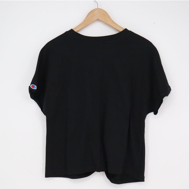 Champion Womens Front Knot T-Shirt Black Triple Logo Graphic Medium