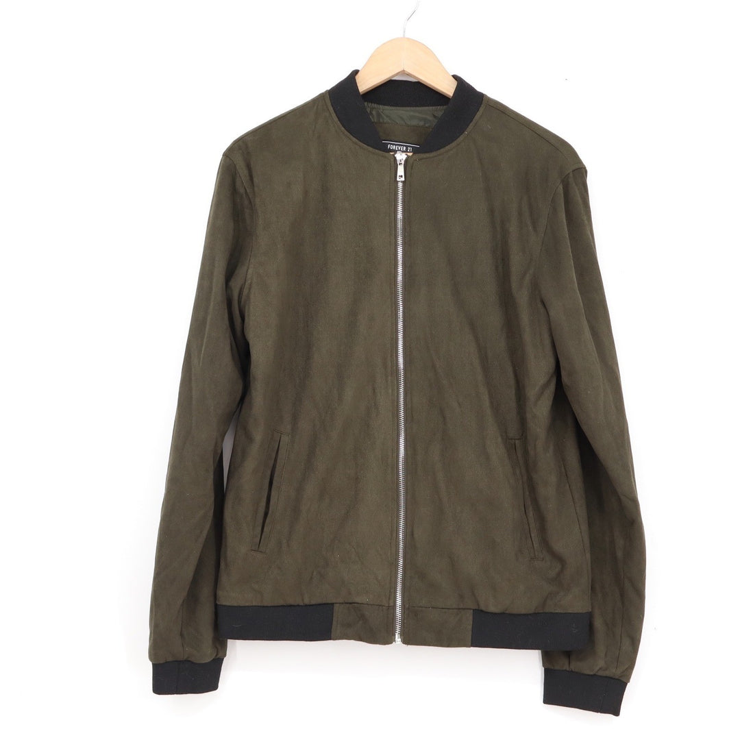 Forever 21 Men Olive Green Faux Suede Bomber Jacket Full Zip Ribbed Trim Size M