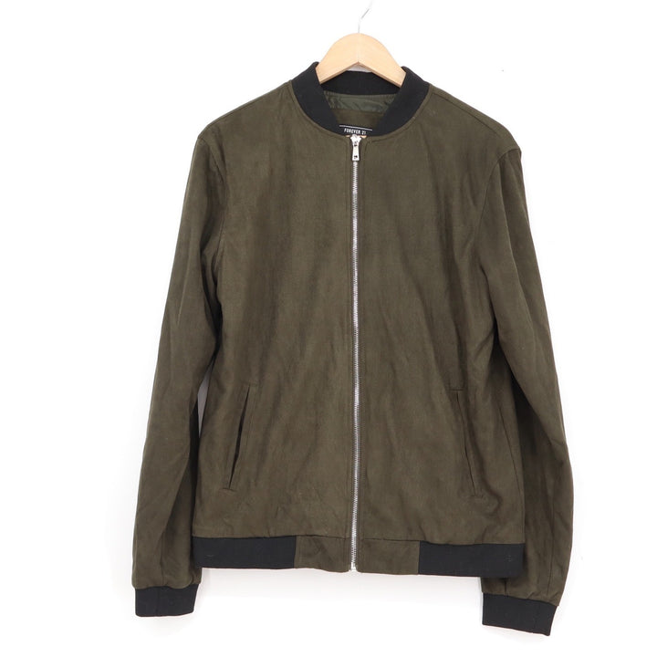 Forever 21 Men Olive Green Faux Suede Bomber Jacket Full Zip Ribbed Trim Size M