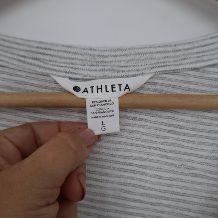 Athleta Womens V Neck Striped Short Sleeve T-Shirt Grey White Large